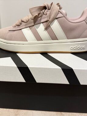 adidas Women’s Blush Pink Suede Grand Court Low-Top Sneakers with White Stripes